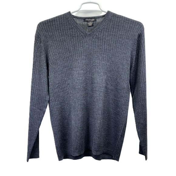 Kenneth Cole NWT Merino Wool Blend Gray Mens Ribbed V-Neck L/S Sweater Medium - Picture 1 of 10